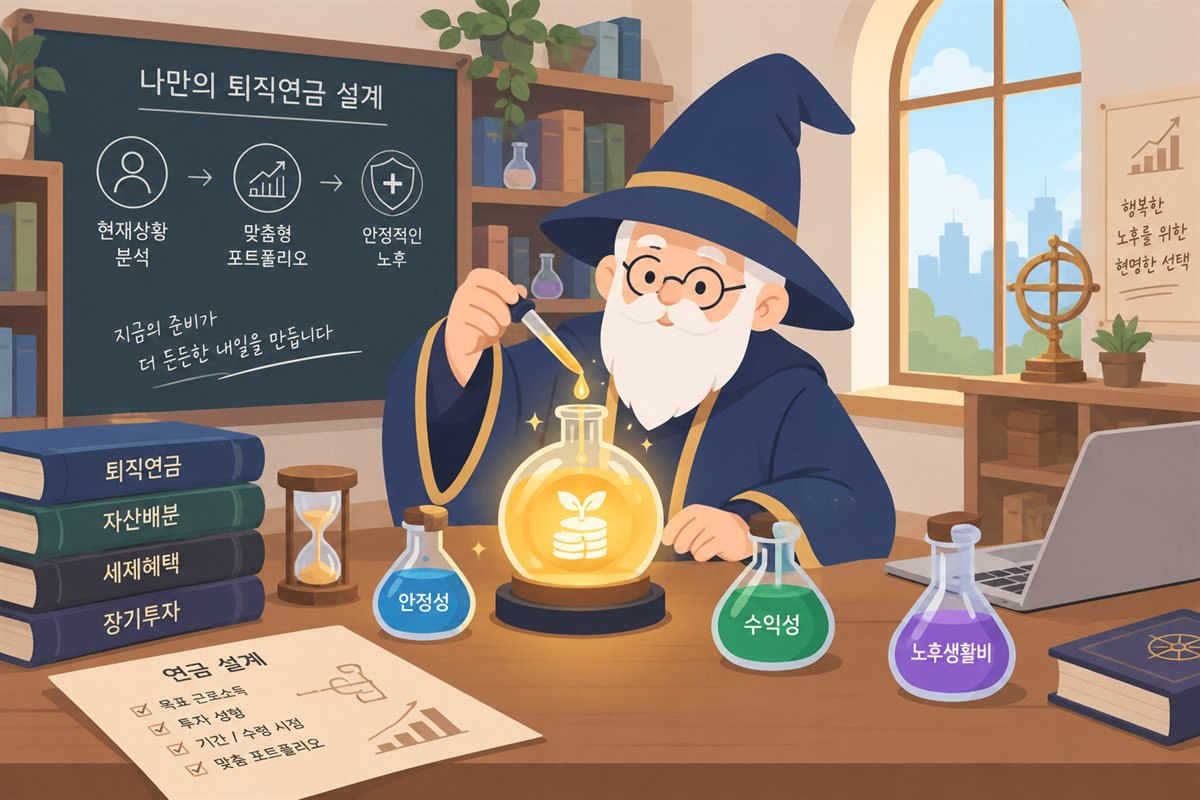 파란 마법사 모자를 쓴 노인 연금술사가 황금빛 플라스크에 물약을 떨어뜨리는 일러스트. 책상 위에는 안정성·수익성·노후생활비 병과 퇴직연금·자산배분·세제혜택·장기투자 책이 놓여 있다.